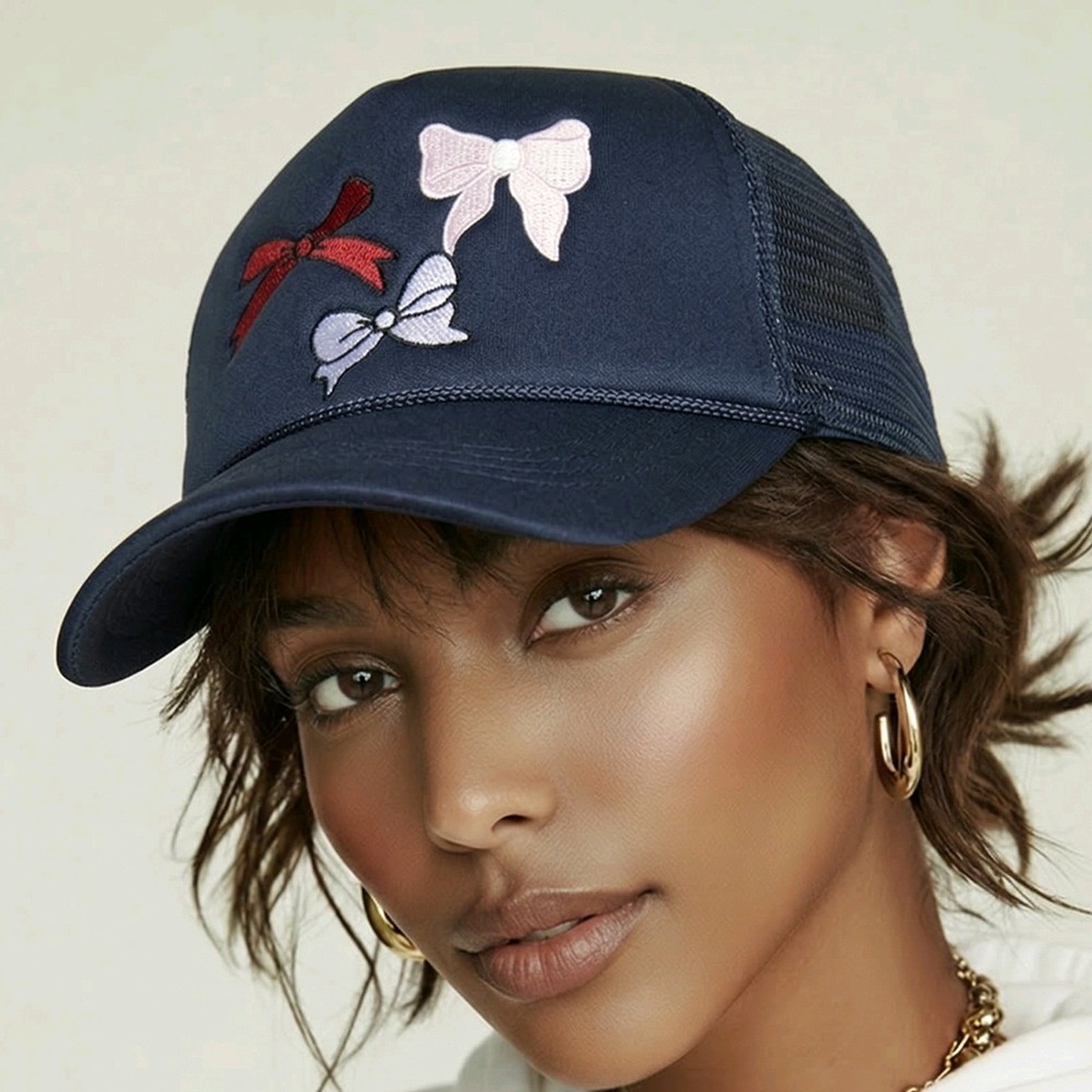 David & Young Boy Print Trucker Hat Navy Blue Mesh Back Cap Kawaii Cutesy NWT